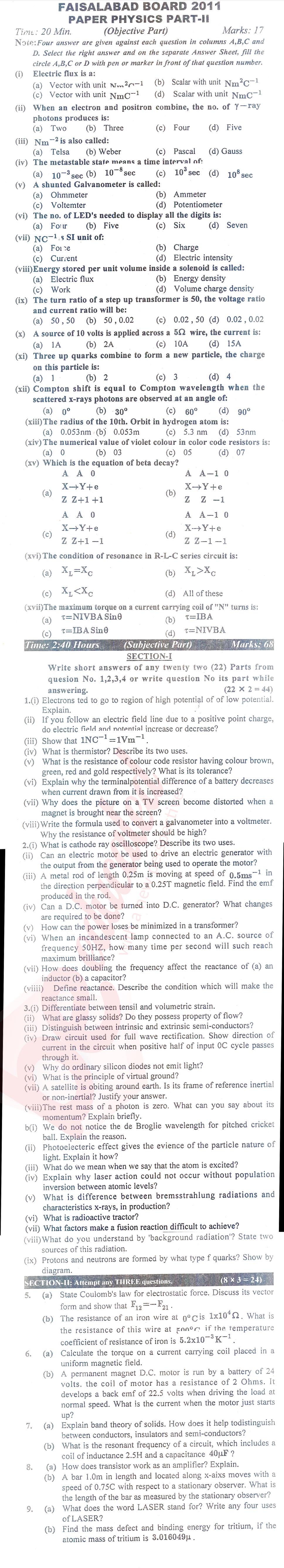 Physics FSC Part 2 Past Paper Group 1 BISE Faisalabad 2011