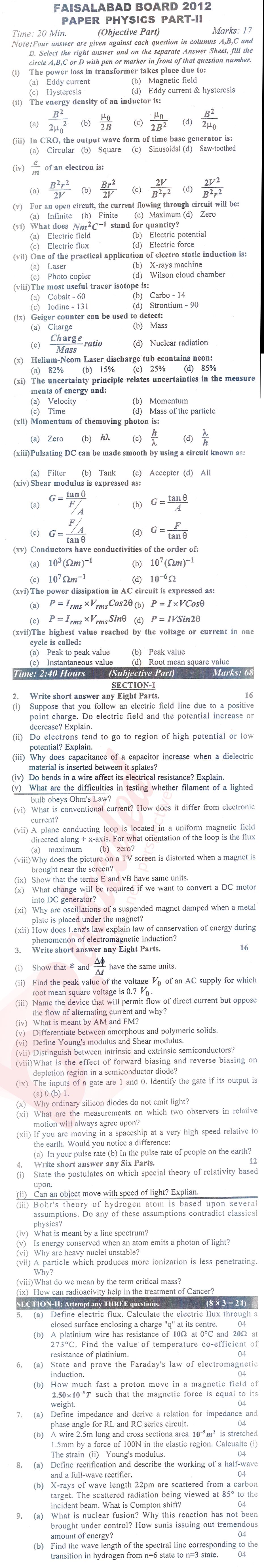 Physics FSC Part 2 Past Paper Group 1 BISE Faisalabad 2012