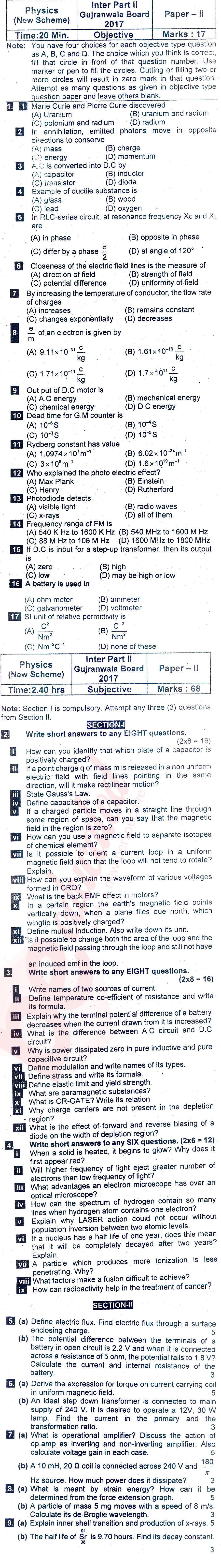 Physics FSC Part 2 Past Paper Group 1 BISE Gujranwala 2017