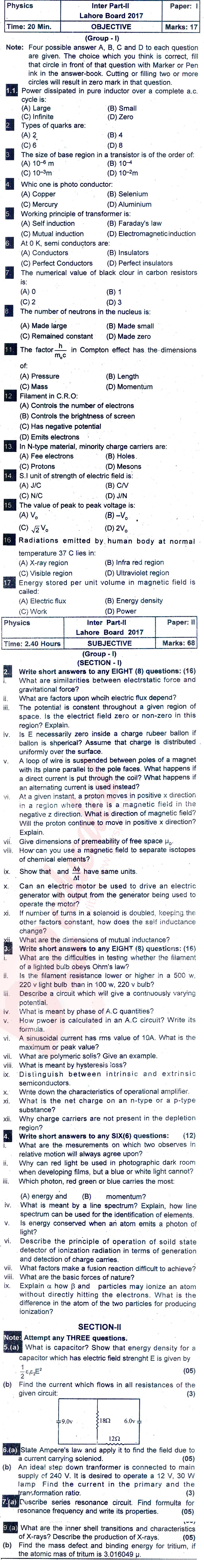 Physics FSC Part 2 Past Paper Group 1 BISE Lahore 2017
