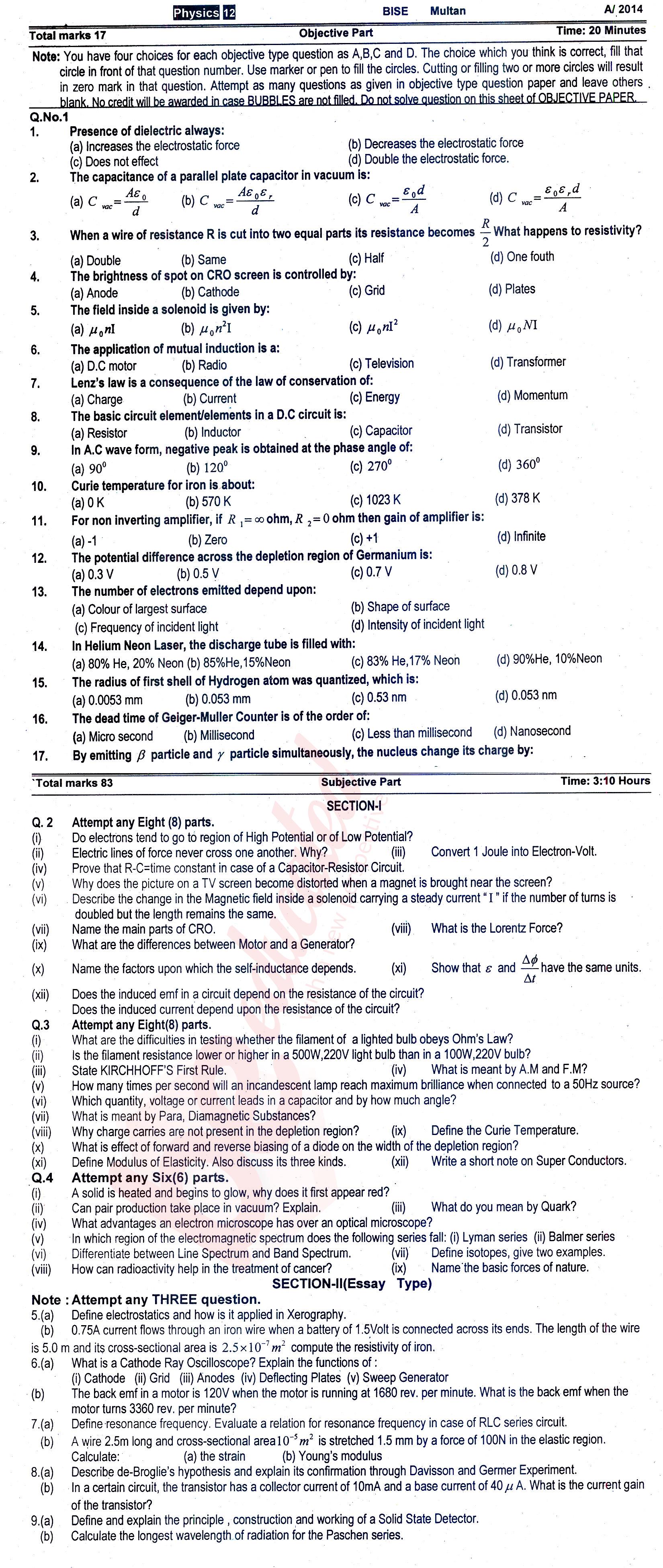 Physics FSC Part 2 Past Paper Group 1 BISE Multan 2014