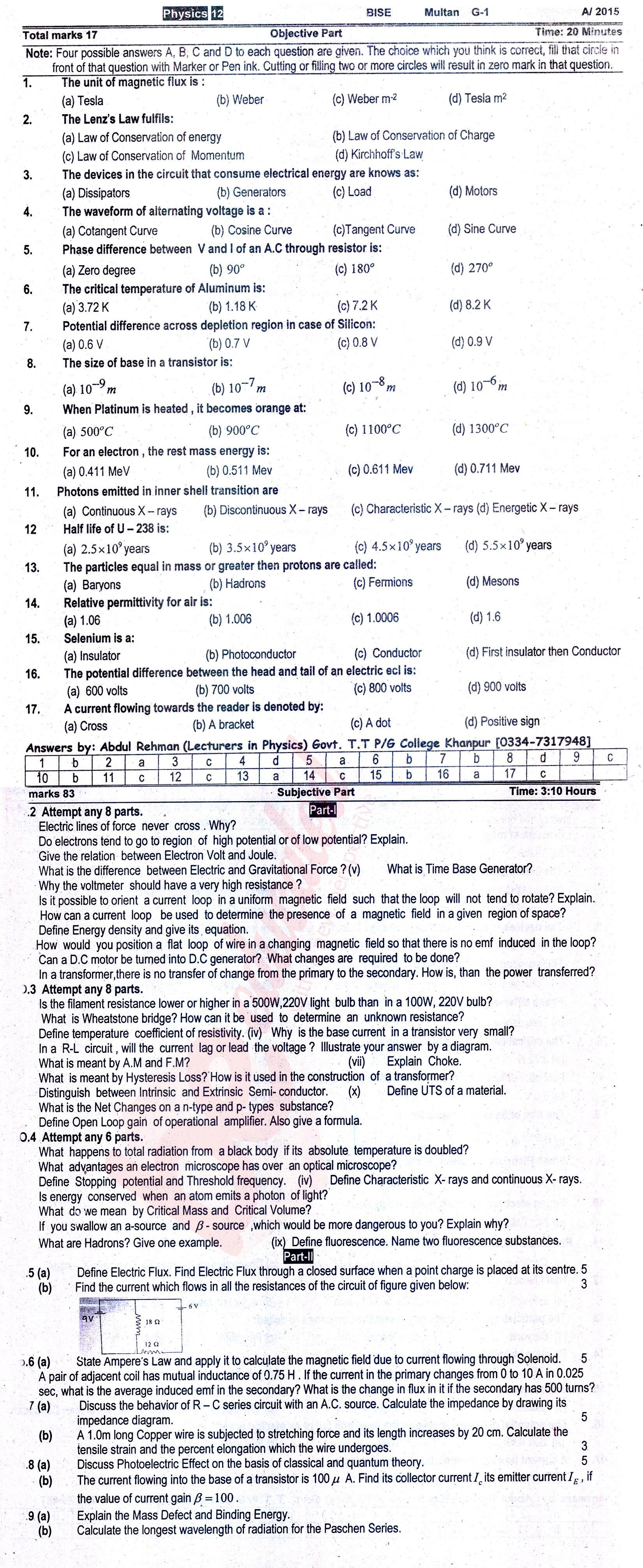 Physics FSC Part 2 Past Paper Group 1 BISE Multan 2015