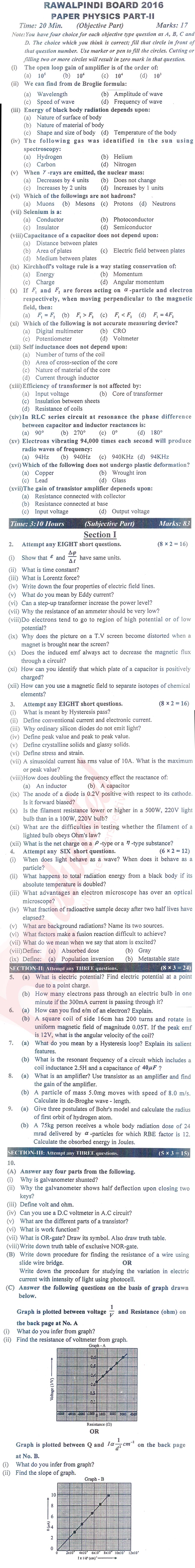 Physics FSC Part 2 Past Paper Group 1 BISE Rawalpindi 2016