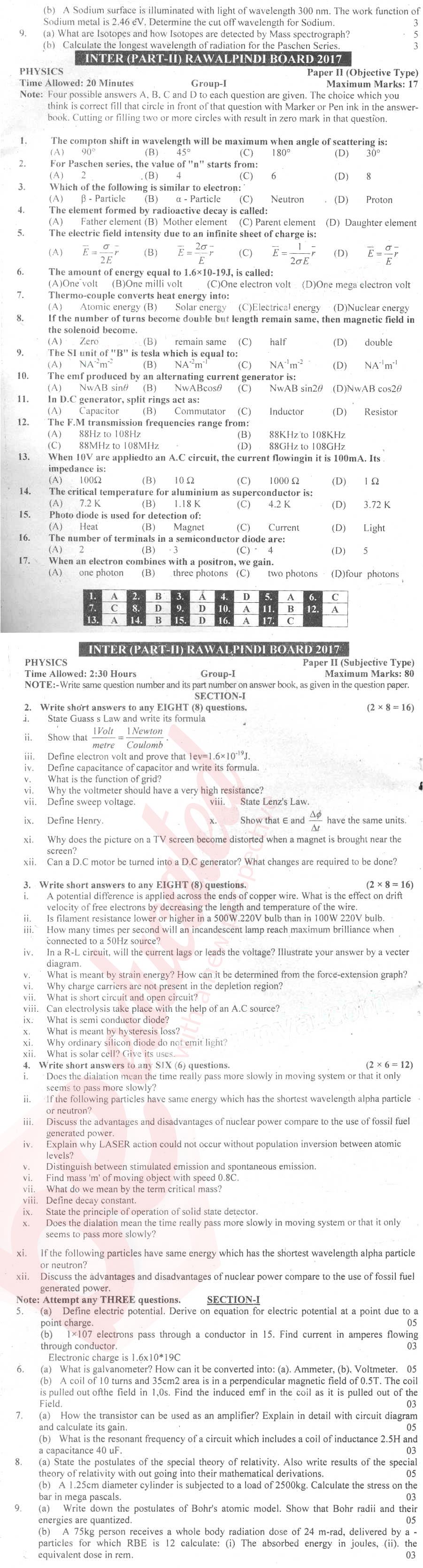 Physics FSC Part 2 Past Paper Group 1 BISE Rawalpindi 2017