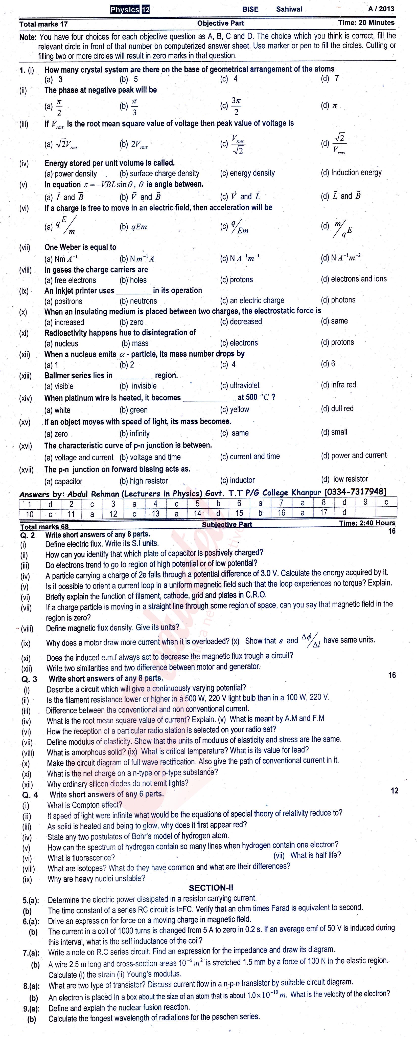 Physics FSC Part 2 Past Paper Group 1 BISE Sahiwal 2013