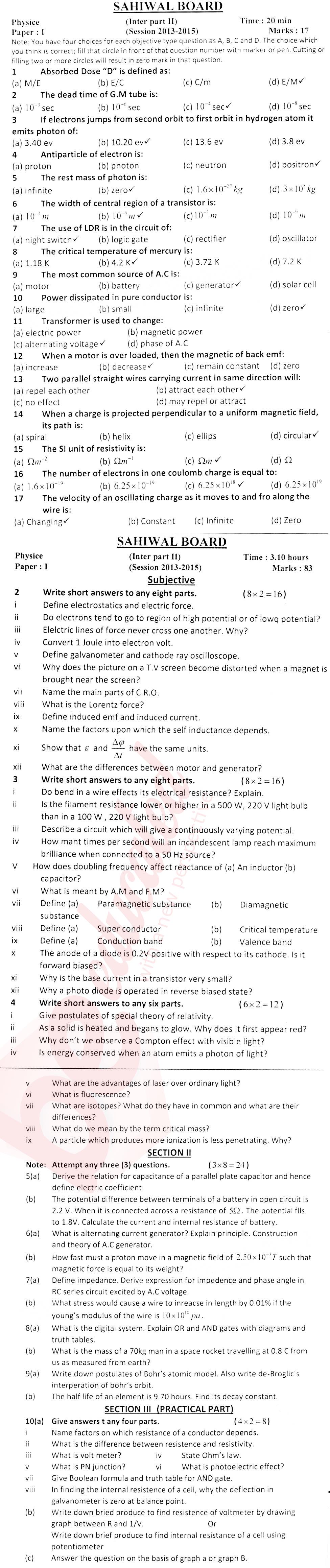 Physics FSC Part 2 Past Paper Group 1 BISE Sahiwal 2015