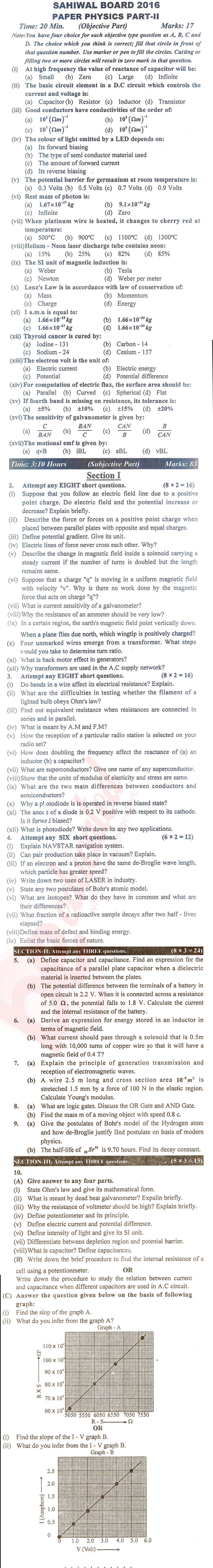 Physics FSC Part 2 Past Paper Group 1 BISE Sahiwal 2016