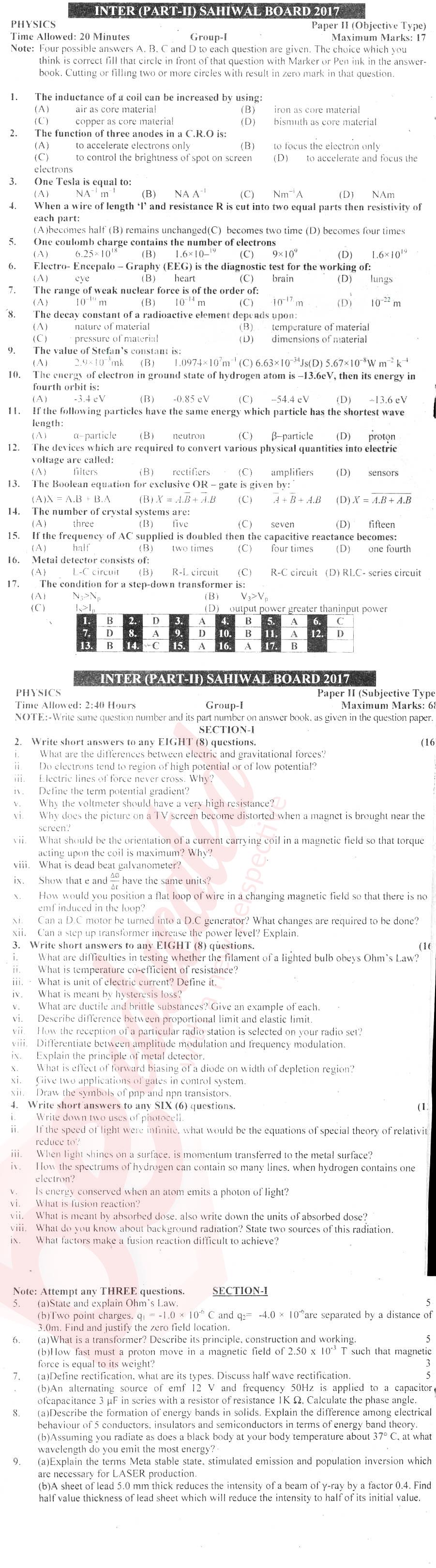 Physics FSC Part 2 Past Paper Group 1 BISE Sahiwal 2017