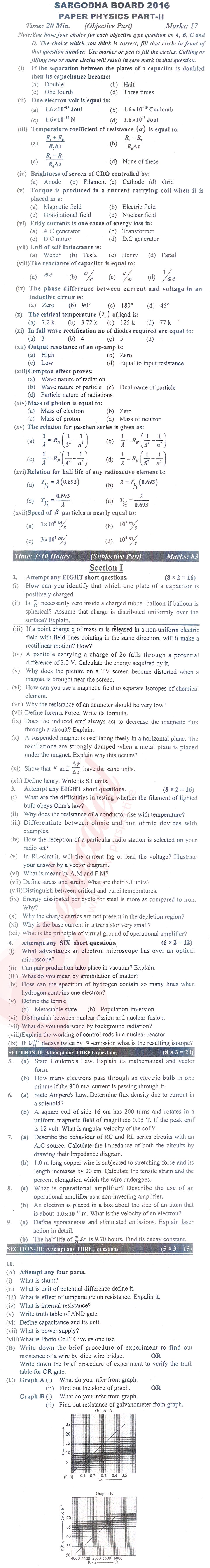 Physics FSC Part 2 Past Paper Group 1 BISE Sargodha 2016