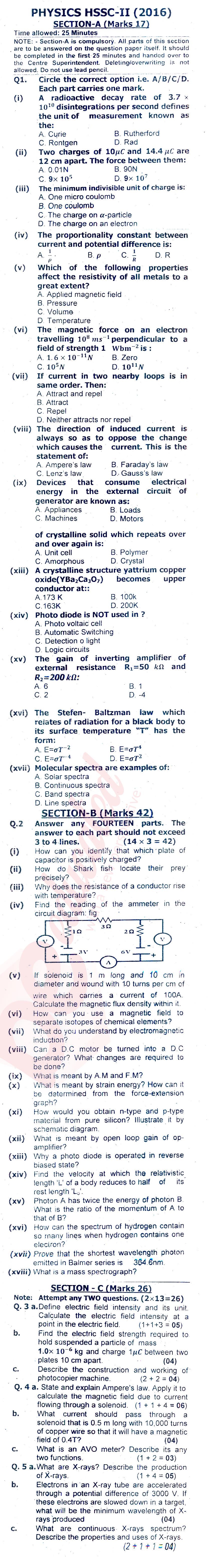 Physics FSC Part 2 Past Paper Group 1 Federal BISE  2016