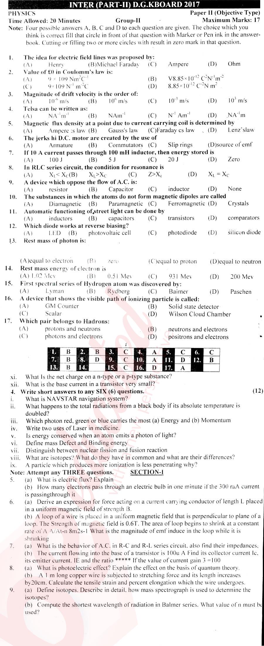 Physics FSC Part 2 Past Paper Group 2 BISE DG Khan 2017