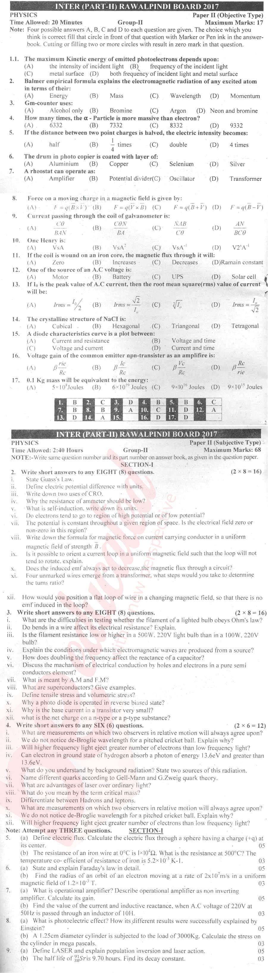 Physics FSC Part 2 Past Paper Group 2 BISE Rawalpindi 2017