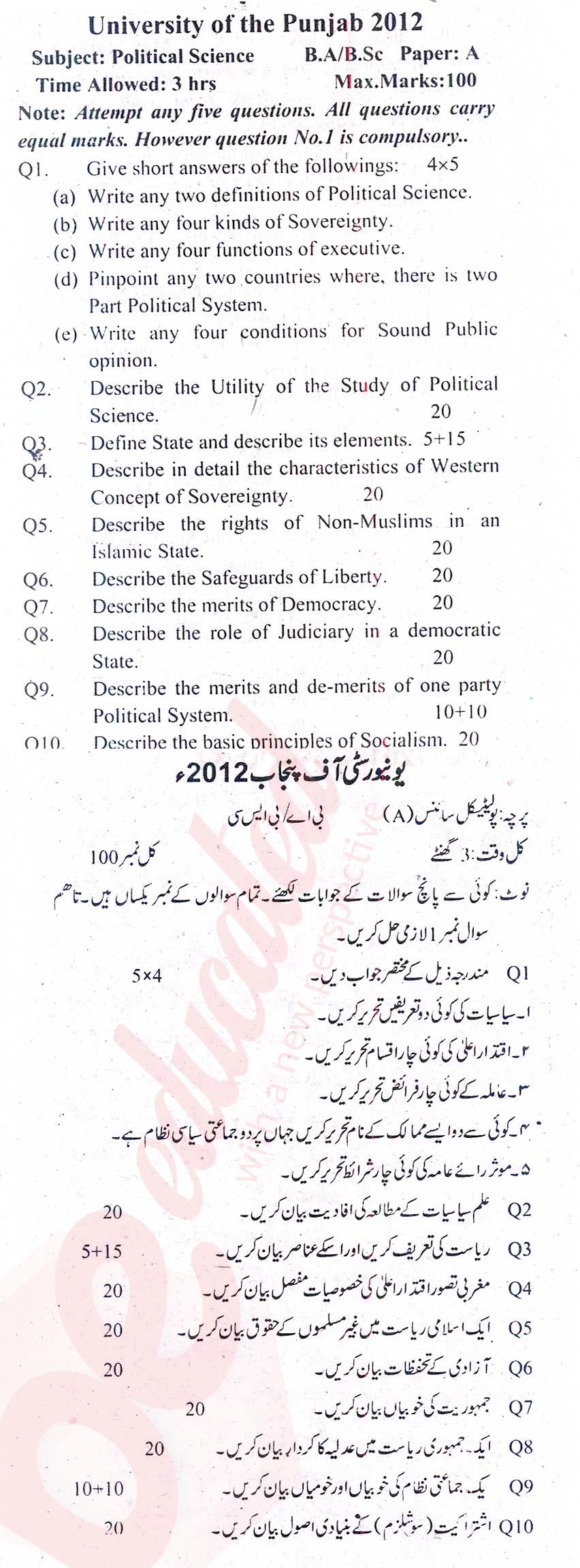Political Science BA Part 1 Past Paper Group 1 Punjab University 2012