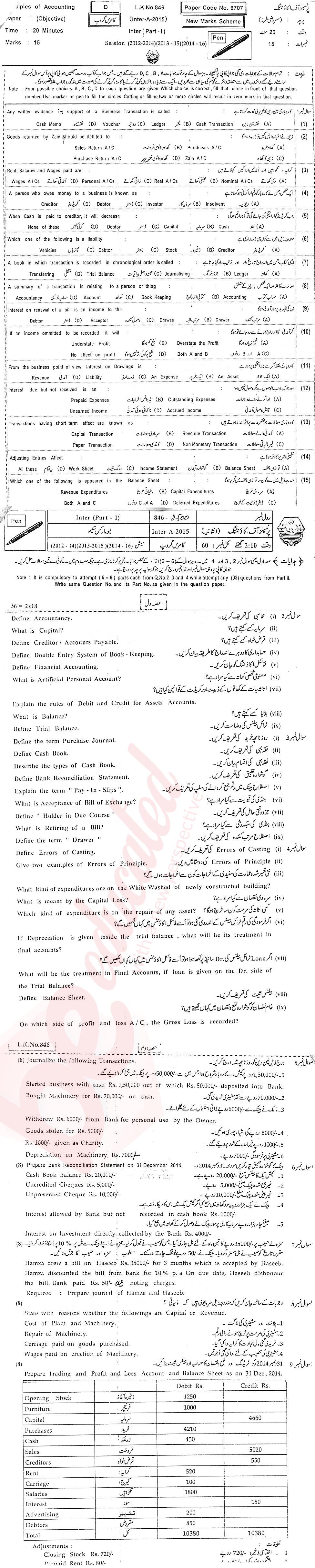 Principles of Accounting ICOM Part 1 Past Paper Group 1 BISE Bahawalpur 2015