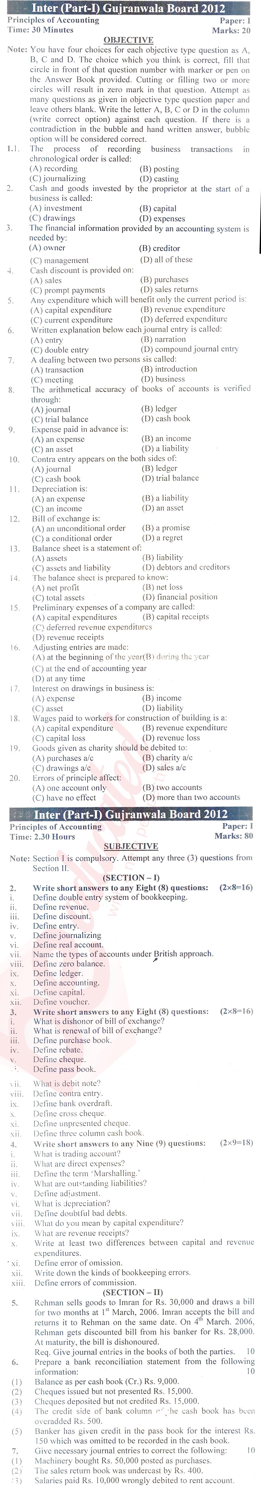 Principles of Accounting ICOM Part 1 Past Paper Group 1 BISE Gujranwala 2012