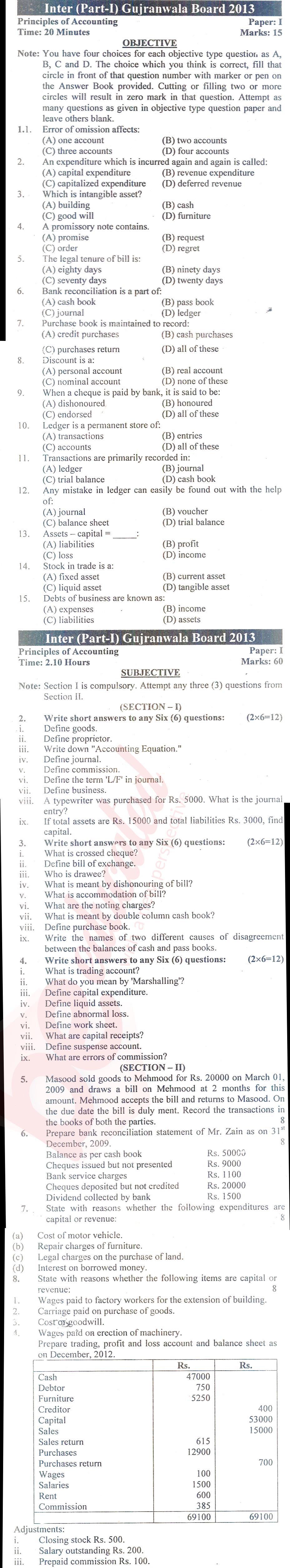 Principles of Accounting ICOM Part 1 Past Paper Group 1 BISE Gujranwala 2013