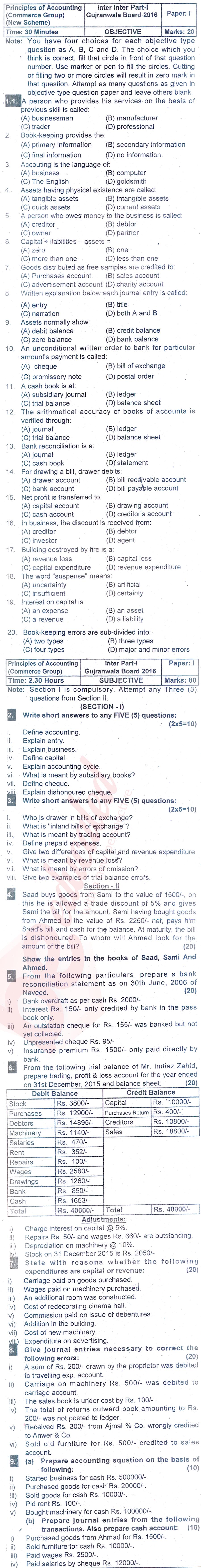 Principles of Accounting ICOM Part 1 Past Paper Group 1 BISE Gujranwala 2016