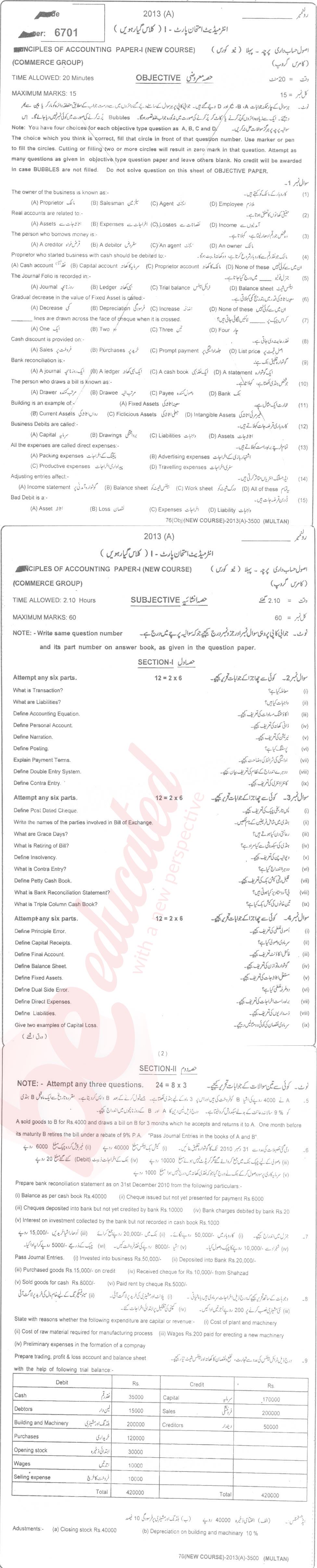 Principles of Accounting ICOM Part 1 Past Paper Group 1 BISE Multan 2013