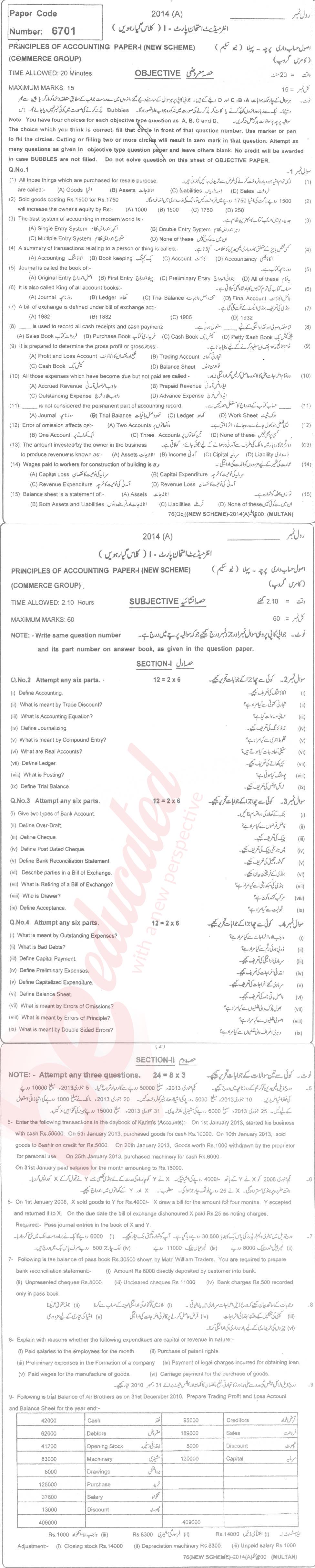 Principles of Accounting ICOM Part 1 Past Paper Group 1 BISE Multan 2014
