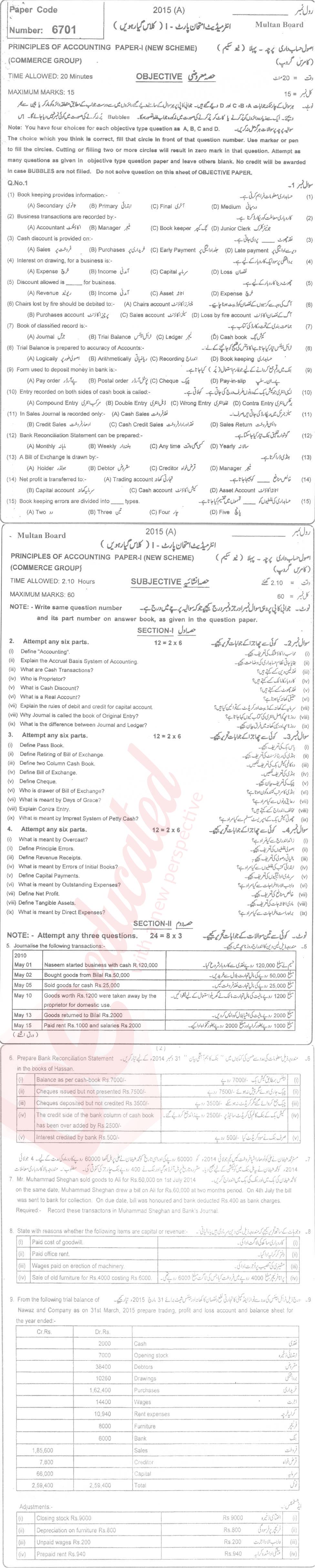 Principles of Accounting ICOM Part 1 Past Paper Group 1 BISE Multan 2015