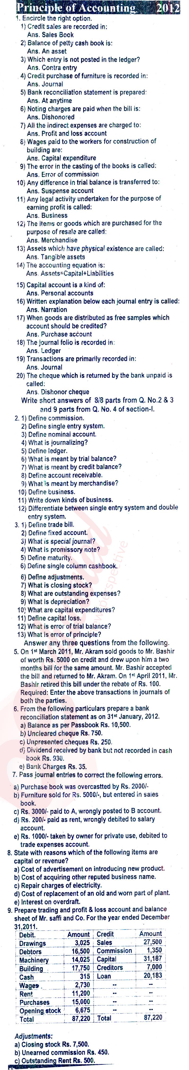 Principles of Accounting ICOM Part 1 Past Paper Group 1 BISE Rawalpindi 2012