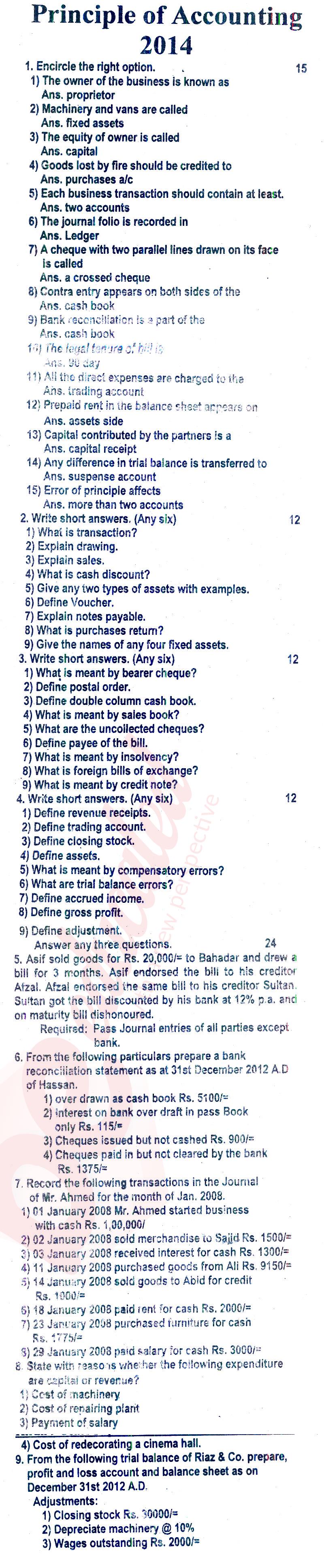 Principles of Accounting ICOM Part 1 Past Paper Group 1 BISE Rawalpindi 2014