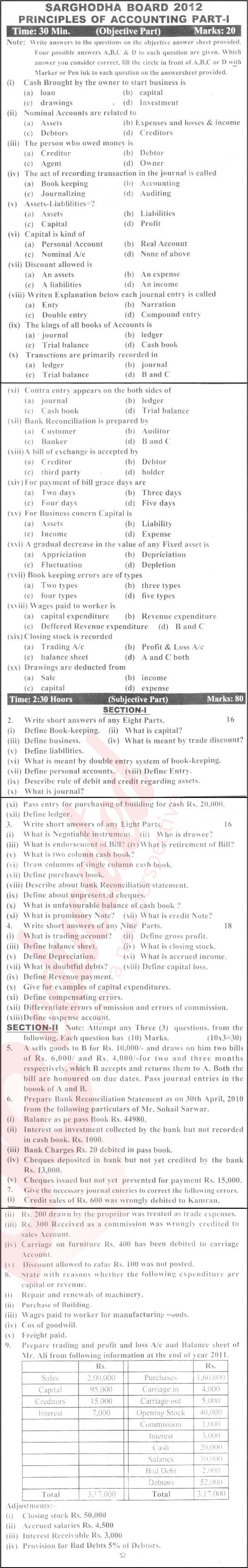 Principles of Accounting ICOM Part 1 Past Paper Group 1 BISE Sargodha 2012