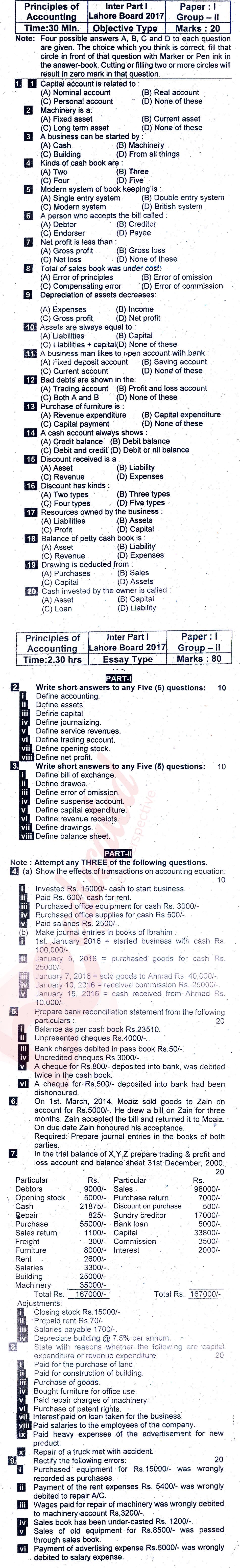 Principles of Accounting ICOM Part 1 Past Paper Group 2 BISE Lahore 2017