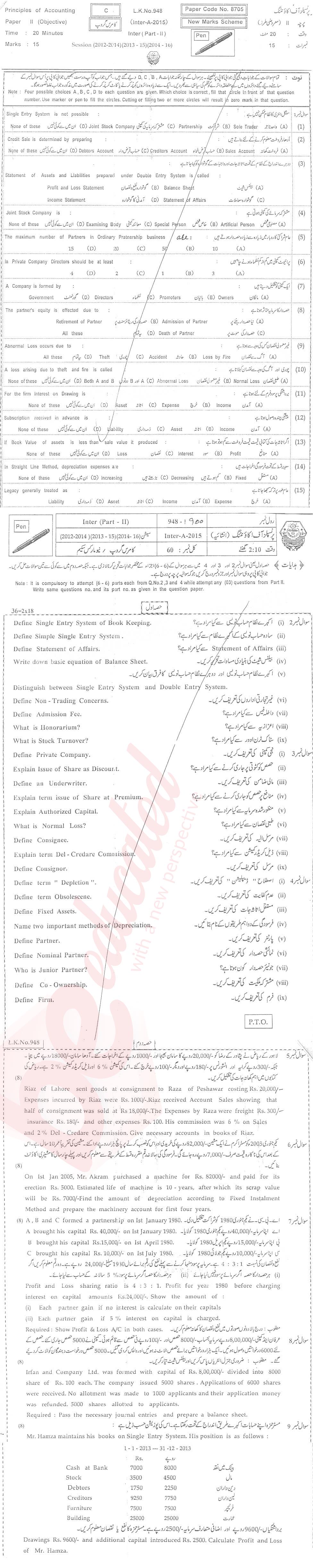 Principles of Accounting ICOM Part 2 Past Paper Group 1 BISE Bahawalpur 2015