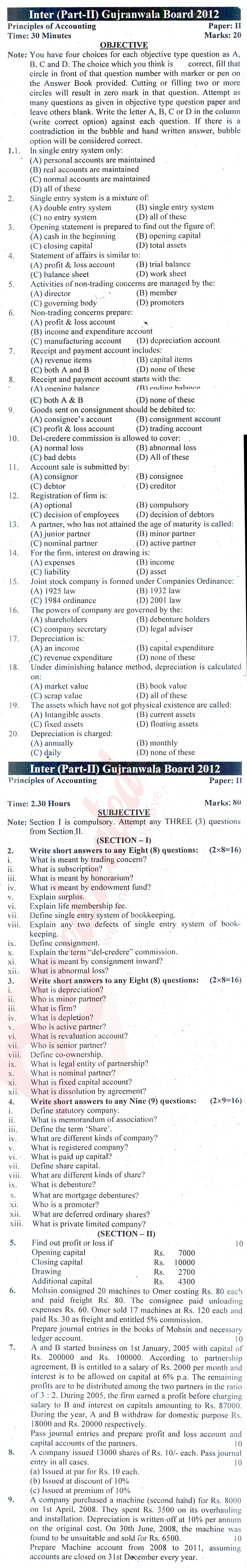 Principles of Accounting ICOM Part 2 Past Paper Group 1 BISE Gujranwala 2012