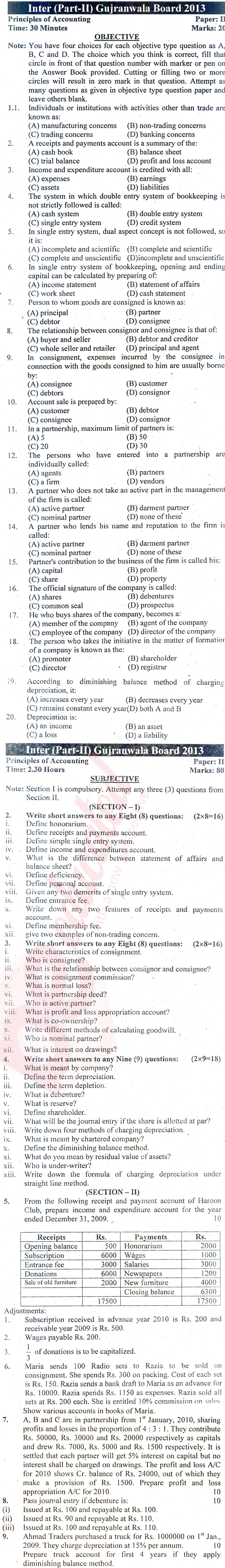 Principles of Accounting ICOM Part 2 Past Paper Group 1 BISE Gujranwala 2013