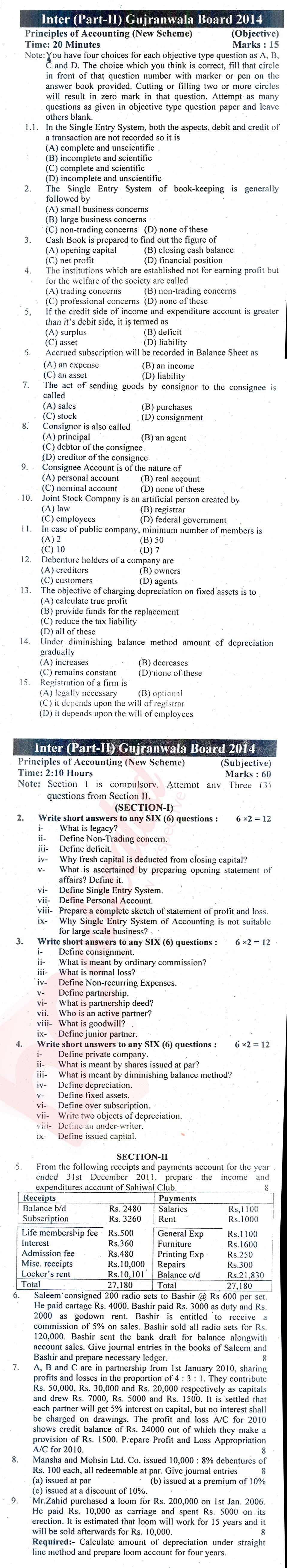 Principles of Accounting ICOM Part 2 Past Paper Group 1 BISE Gujranwala 2014
