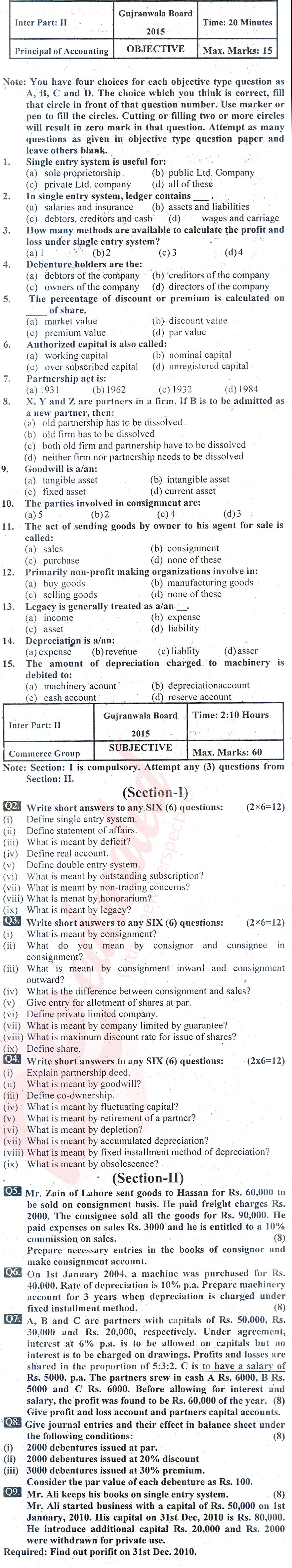 Principles of Accounting ICOM Part 2 Past Paper Group 1 BISE Gujranwala 2015