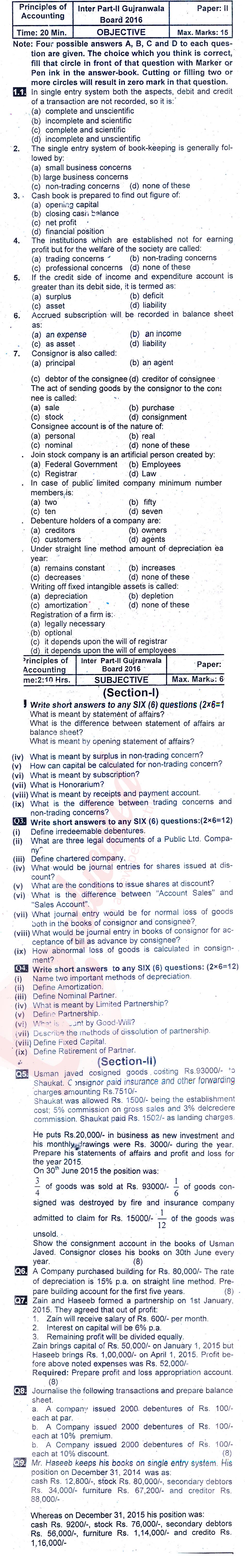 Principles of Accounting ICOM Part 2 Past Paper Group 1 BISE Gujranwala 2016