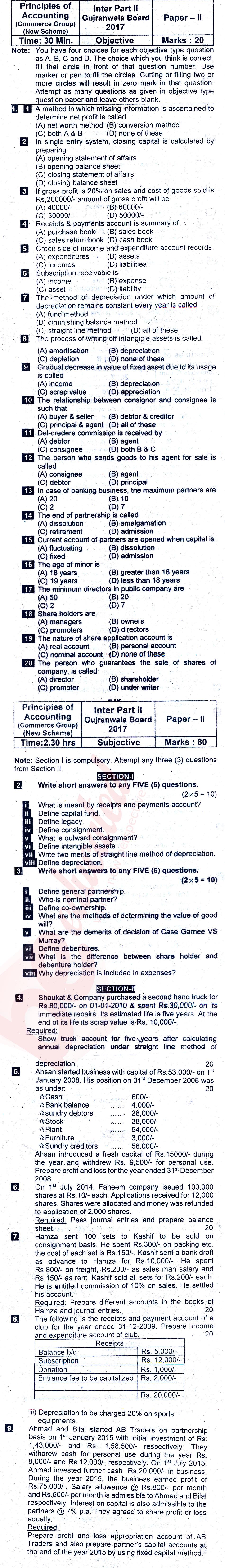 Principles of Accounting ICOM Part 2 Past Paper Group 1 BISE Gujranwala 2017