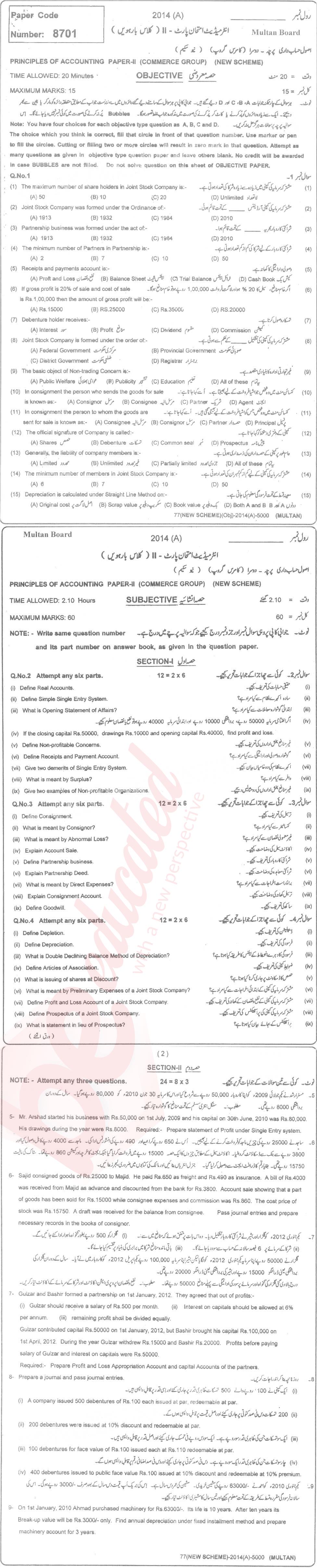 Principles of Accounting ICOM Part 2 Past Paper Group 1 BISE Multan 2014