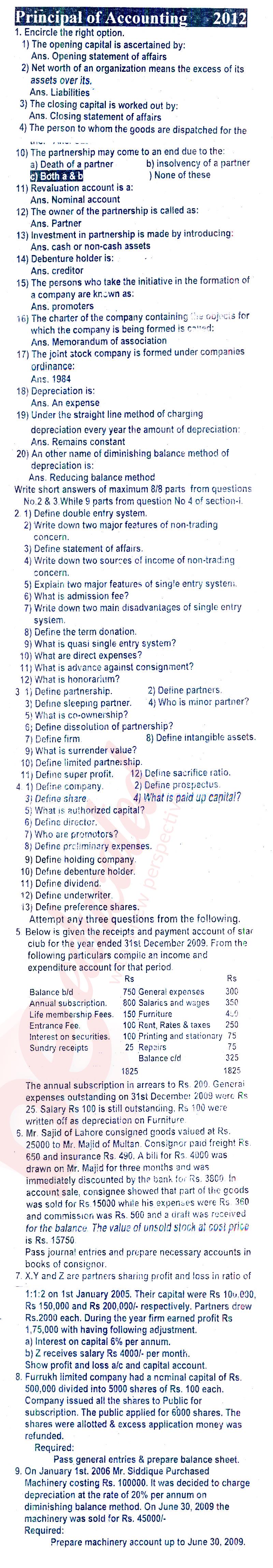 Principles of Accounting ICOM Part 2 Past Paper Group 1 BISE Rawalpindi 2012