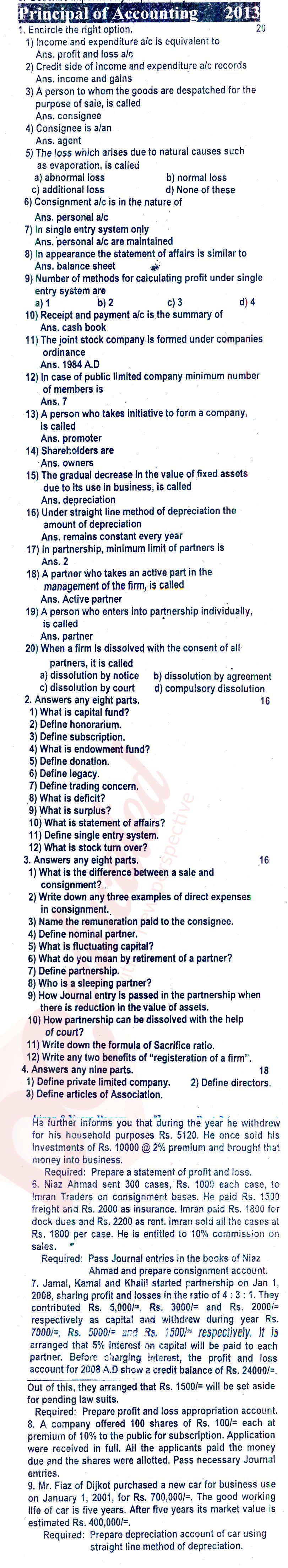 Principles of Accounting ICOM Part 2 Past Paper Group 1 BISE Rawalpindi 2013