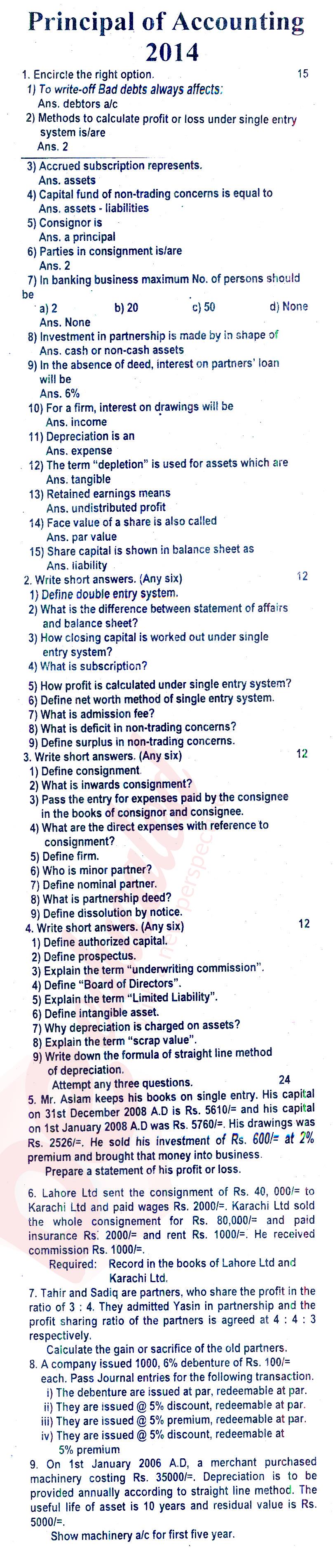 Principles of Accounting ICOM Part 2 Past Paper Group 1 BISE Rawalpindi 2014