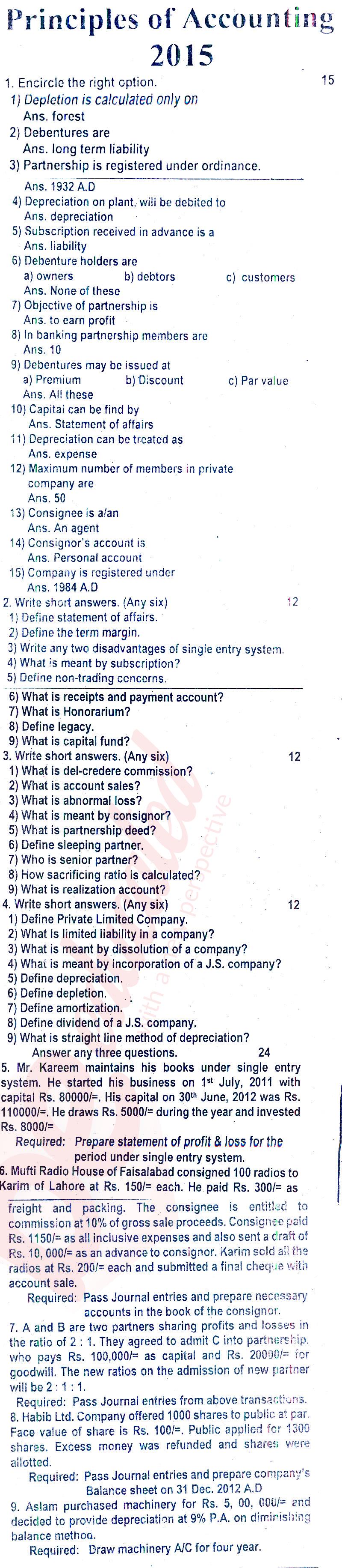 Principles of Accounting ICOM Part 2 Past Paper Group 1 BISE Rawalpindi 2015