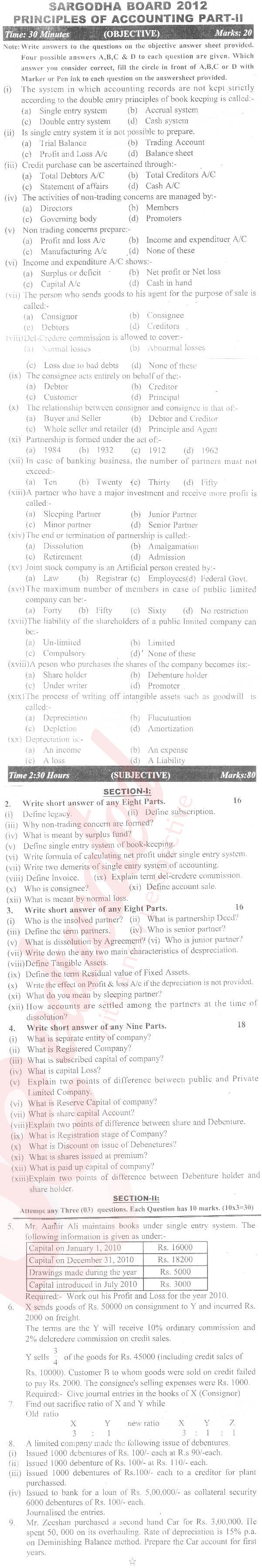 Principles of Accounting ICOM Part 2 Past Paper Group 1 BISE Sargodha 2012