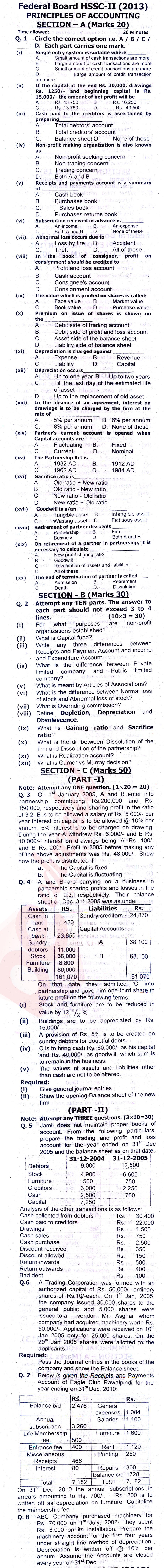 Principles of Accounting ICOM Part 2 Past Paper Group 1 Federal BISE  2013