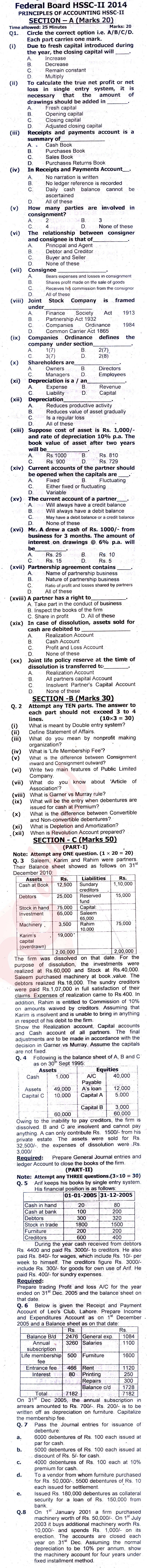 Principles of Accounting ICOM Part 2 Past Paper Group 1 Federal BISE  2014