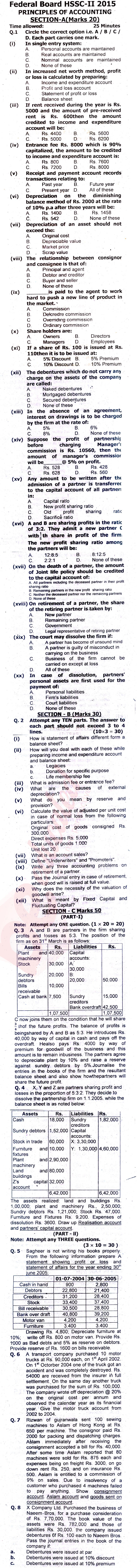 Principles of Accounting ICOM Part 2 Past Paper Group 1 Federal BISE  2015