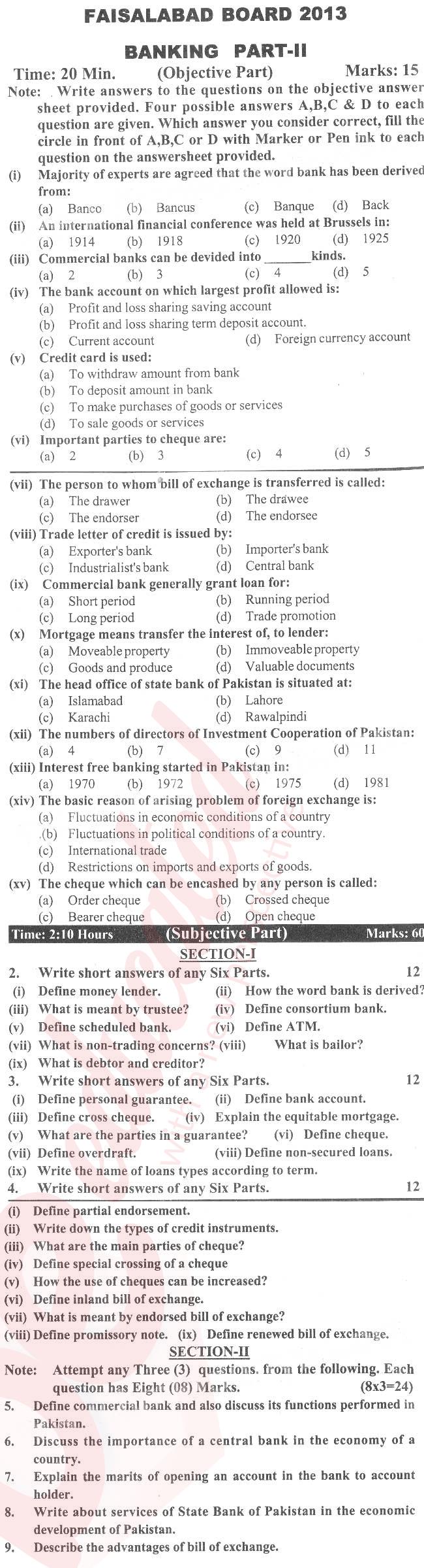 Principles of Banking ICOM Part 2 Past Paper Group 1 BISE Faisalabad 2013