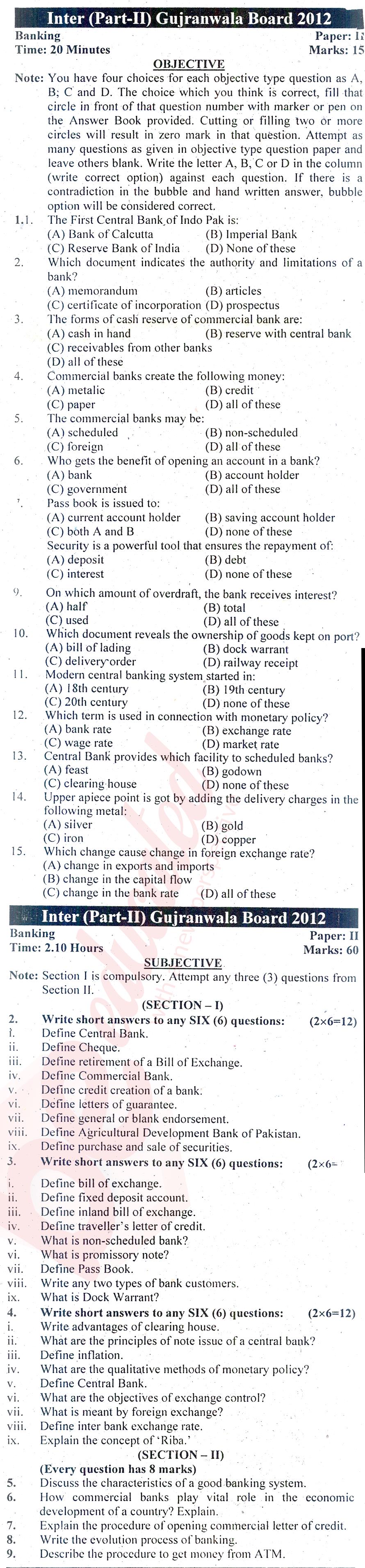 Principles of Banking ICOM Part 2 Past Paper Group 1 BISE Gujranwala 2012