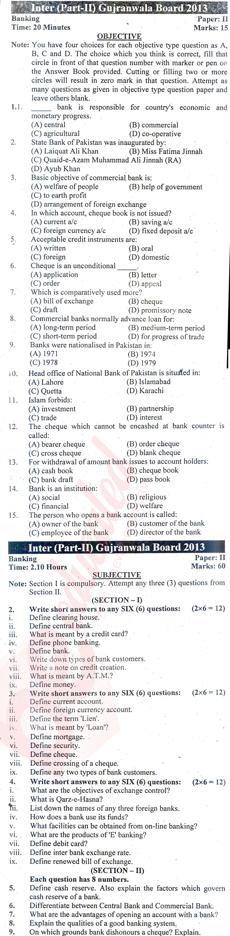 Principles of Banking ICOM Part 2 Past Paper Group 1 BISE Gujranwala 2013