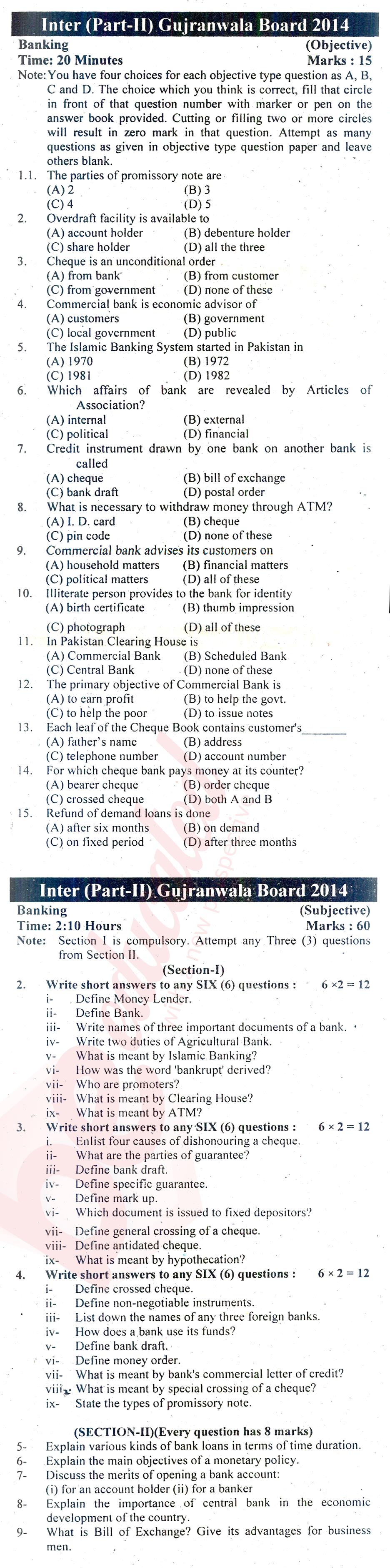 Principles of Banking ICOM Part 2 Past Paper Group 1 BISE Gujranwala 2014