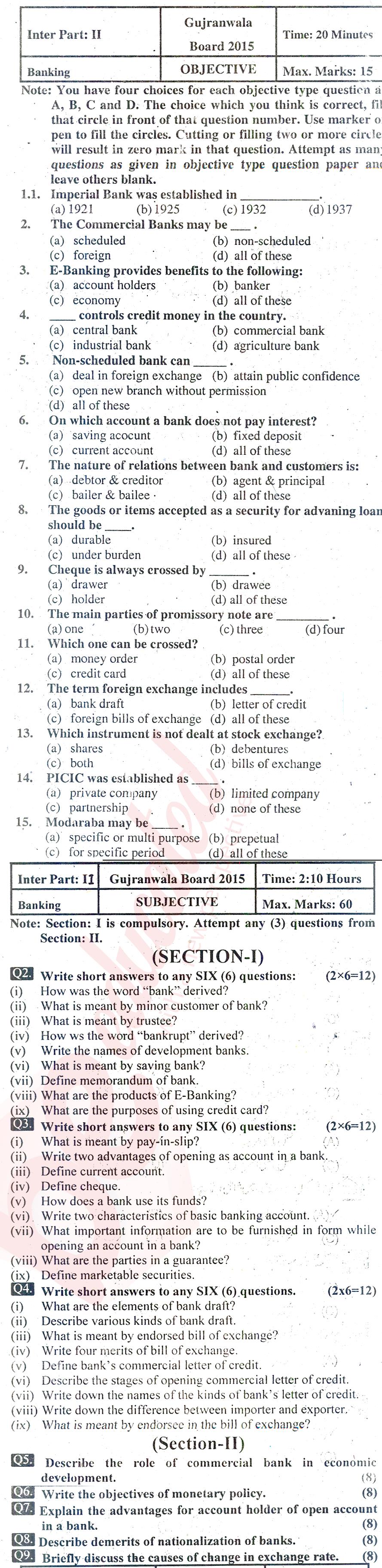 Principles of Banking ICOM Part 2 Past Paper Group 1 BISE Gujranwala 2015