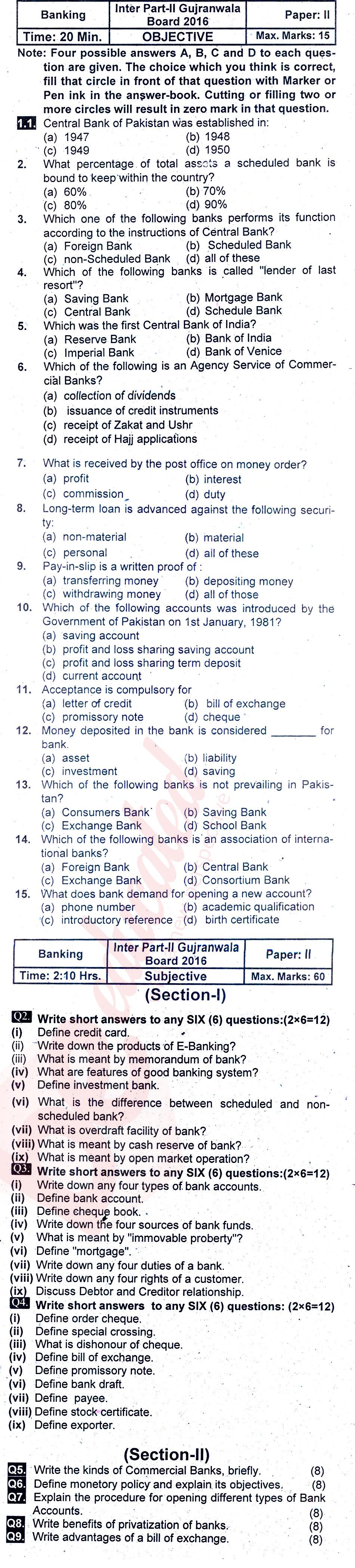 Principles of Banking ICOM Part 2 Past Paper Group 1 BISE Gujranwala 2016